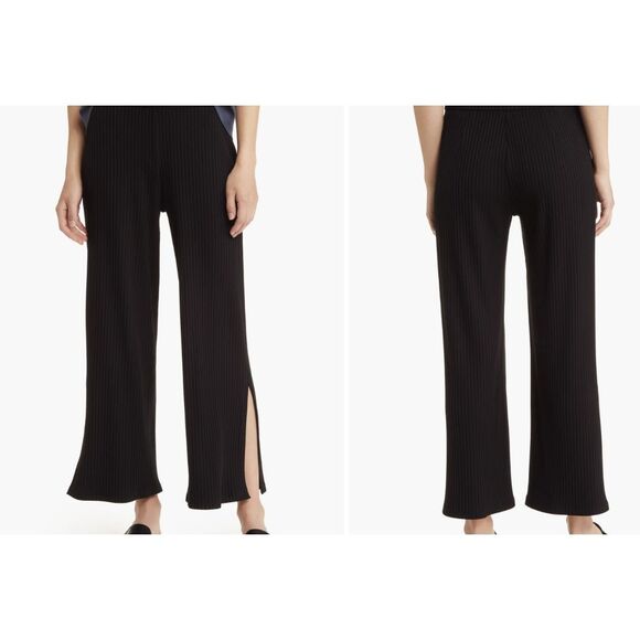 New Eileen Fisher Ribbed Side Slit Wide Leg Pants in Black Size Medium (10-12) - Picture 2 of 6